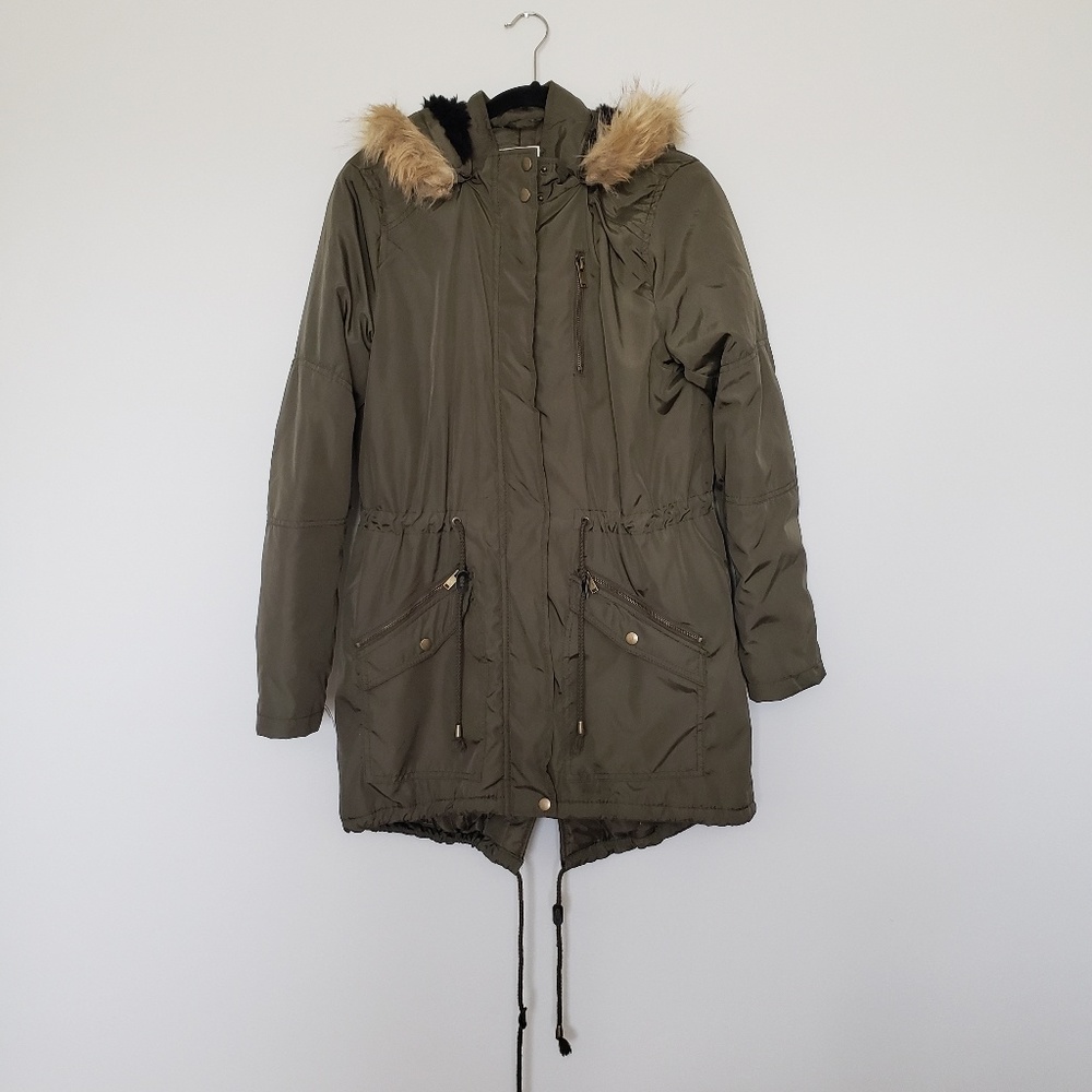 Olive Green Arcric Parka Coat, fur removable hood